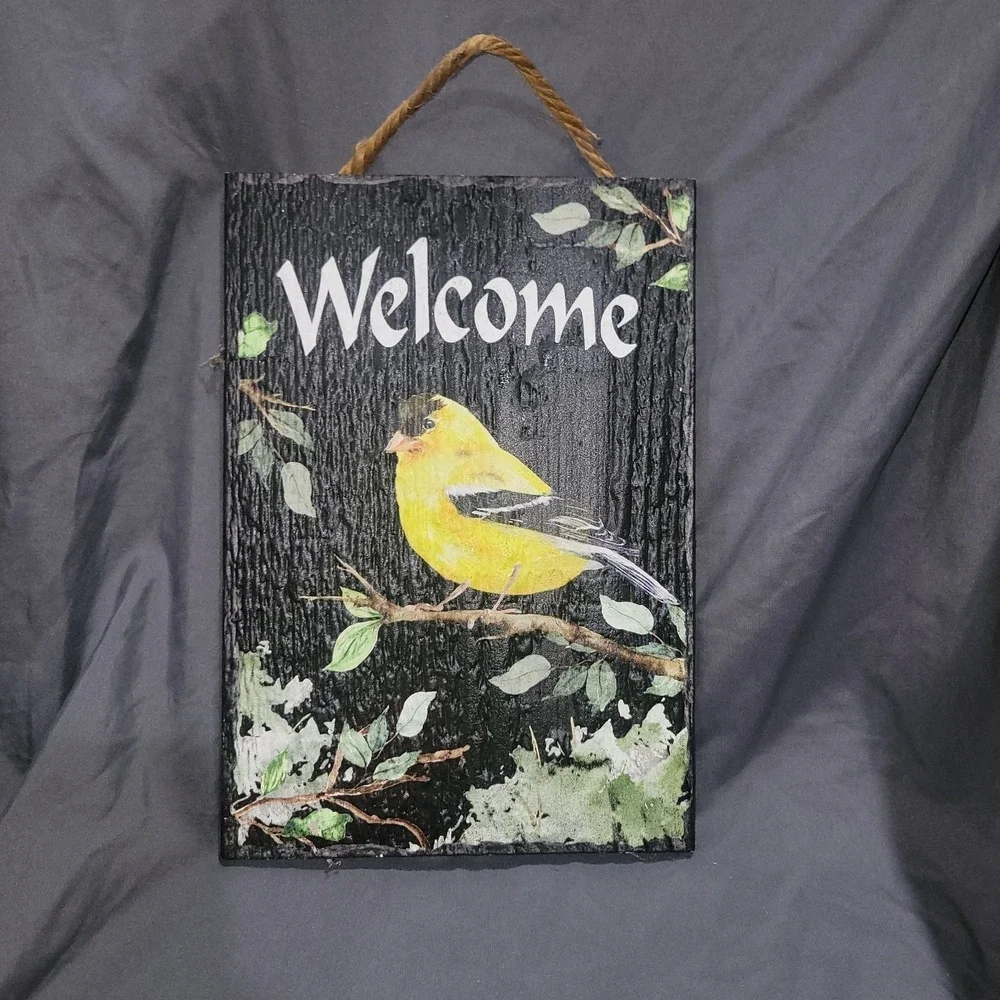 Wooden Goldfinch Bird Welcome Sign Wall Door Hanging Hand Painted